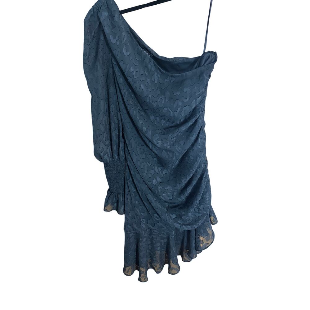 Bebe One Shoulder Black Leopard Burnout Cocktail Dress Size 12 Ruched Ruffle Hem